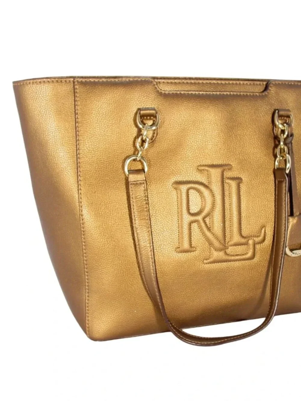 RLL Lauren Ralph Lauren Large Metallic Bronze Gold Leather Zip Tote Bag - Picture 2 of 11